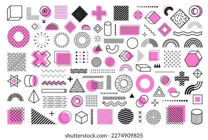 Memphis geometric shapes and patterns vector elements set. Collection of simple color and thin line art details. Multiple figures for education materials decoration. Trendy ornaments kit