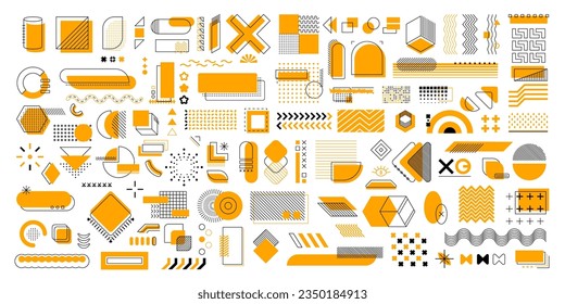 Formas geométricas Memphis, colección vectorial de arte y elementos de diseño con líneas y patrones simples y limpios. Detalles de arte en línea delgada de color amarillo que representan estética moderna y minimalista