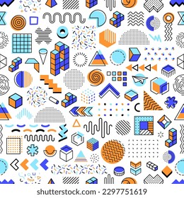 Memphis geometric, simple shapes seamless pattern. Minimalistic geometric shapes fabric print, funky doodles wallpaper or colorful Memphis design elements textile or wrapping paper vector background