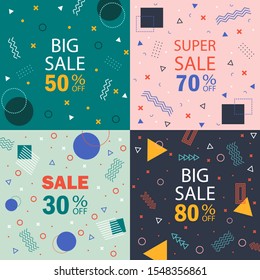 Memphis geometric template background with sale offer, discount for post, story of social network, media. Flat texture layout with circle, abstract element shape for holiday poster, promotion. vector