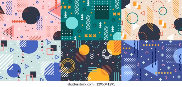 Memphis geometry background. Colorful shapes pattern, vivid coloring texture and funky color patterns abstract. Geometry posters, memphis wallpaper vector backgrounds