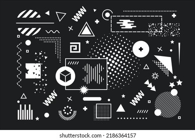 Memphis geometry dark memphis background. Black and white geometric shapes. abstract backdrop or wallpaper vector illustration