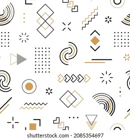 Memphis gold seamless pattern. Abstract golden geometric shape. Repeated hipster graphic element. Geometry shapes . Repeating funky patern. Modern design for prints. Fashion style background. Vector