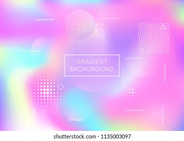 Memphis gradient background with liquid shapes. Dynamic holographic fluid with bauhaus elements. Graphic template for brochure, banner, wallpaper, mobile screen. Rainbow memphis gradient.