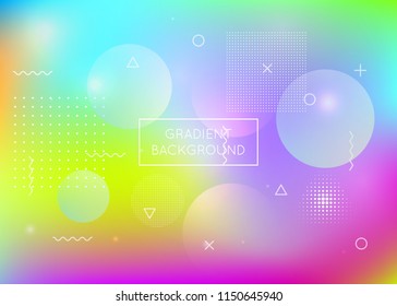 Memphis gradient background with liquid shapes. Dynamic holographic fluid with bauhaus elements. Graphic template for flyer, ui, magazine, poster, banner and app. Iridescent memphis gradient.
