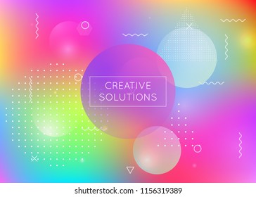 Memphis gradient background with liquid shapes. Dynamic holographic fluid with bauhaus elements. Graphic template for brochure, banner, wallpaper, mobile screen. Fluorescent memphis gradient.