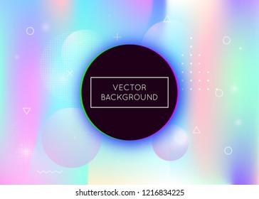 Memphis gradient background with liquid shapes. Dynamic holographic fluid with bauhaus elements. Graphic template for brochure, banner, wallpaper, mobile screen. Pearlescent memphis gradient.