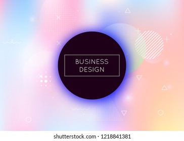 Memphis gradient background with liquid shapes. Dynamic holographic fluid with bauhaus elements. Graphic template for flyer, ui, magazine, poster, banner and app. Rainbow memphis gradient.