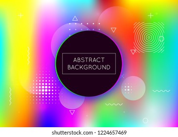 Memphis gradient background with liquid shapes. Dynamic holographic fluid with bauhaus elements. Graphic template for flyer, ui, magazine, poster, banner and app. Colorful memphis gradient.