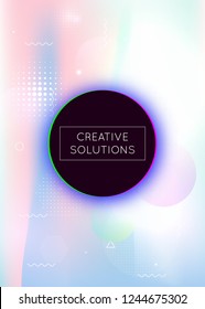 Memphis gradient background with liquid shapes. Dynamic holographic fluid with bauhaus elements. Graphic template for placard, presentation, banner, brochure. Multicolor memphis gradient.
