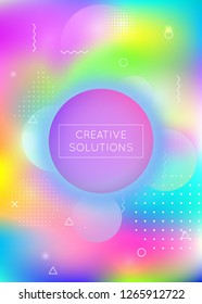 Memphis gradient background with liquid shapes. Dynamic holographic fluid with bauhaus elements. Graphic template for placard, presentation, banner, brochure. Futuristic memphis gradient.
