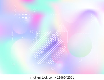 Memphis gradient background with liquid shapes. Dynamic holographic fluid with bauhaus elements. Graphic template for brochure, banner, wallpaper, mobile screen. Pearlescent memphis gradient.