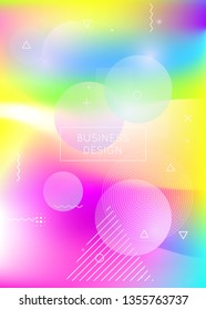 Memphis gradient background with liquid shapes. Dynamic holographic fluid with bauhaus elements. Graphic template for flyer, ui, magazine, poster, banner and app. Colorful memphis gradient.