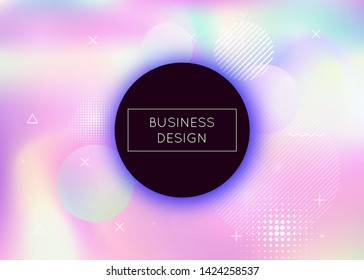 Memphis gradient background with liquid shapes. Dynamic holographic fluid with bauhaus elements. Graphic template for placard, presentation, banner, brochure. Pearlescent memphis gradient.