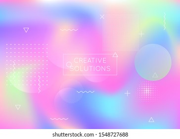 Memphis gradient background with liquid shapes. Dynamic holographic fluid with bauhaus elements. Graphic template for book, annual, mobile interface, web app. Iridescent memphis gradient.