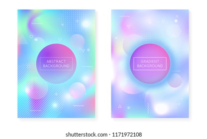 Memphis gradient set with liquid shapes. Dynamic holographic fluid with bauhaus background. Graphic template for brochure, banner, wallpaper, mobile screen. Multicolor memphis gradient set.