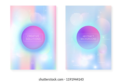 Memphis gradient set with liquid shapes. Dynamic holographic fluid with bauhaus background. Graphic template for brochure, banner, wallpaper, mobile screen. Stylish memphis gradient set.