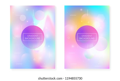Memphis gradient set with liquid shapes. Dynamic holographic fluid with bauhaus background. Graphic template for placard, presentation, banner, brochure. Rainbow memphis gradient set.