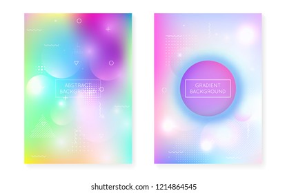 Memphis gradient set with liquid shapes. Dynamic holographic fluid with bauhaus background. Graphic template for placard, presentation, banner, brochure. Retro memphis gradient set.
