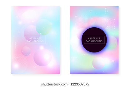 Memphis gradient set with liquid shapes. Dynamic holographic fluid with bauhaus background. Graphic template for book, annual, mobile interface, web app. Iridescent memphis gradient set.