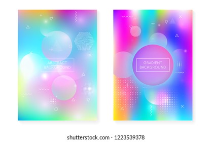 Memphis gradient set with liquid shapes. Dynamic holographic fluid with bauhaus background. Graphic template for flyer, ui, magazine, poster, banner and app. Vibrant memphis gradient set.