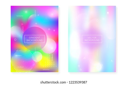 Memphis gradient set with liquid shapes. Dynamic holographic fluid with bauhaus background. Graphic template for book, annual, mobile interface, web app. Spectrum memphis gradient set.