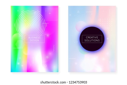 Memphis gradient set with liquid shapes. Dynamic holographic fluid with bauhaus background. Graphic template for book, annual, mobile interface, web app. Spectrum memphis gradient set.