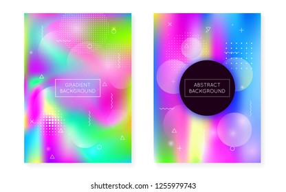 Memphis gradient set with liquid shapes. Dynamic holographic fluid with bauhaus background. Graphic template for brochure, banner, wallpaper, mobile screen. Pearlescent memphis gradient set.