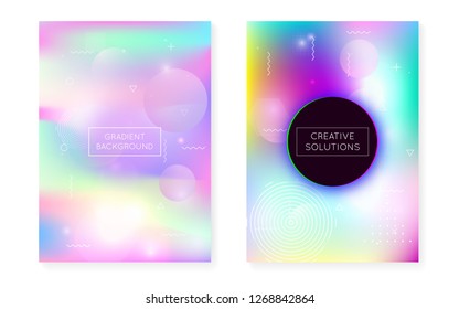Memphis gradient set with liquid shapes. Dynamic holographic fluid with bauhaus background. Graphic template for brochure, banner, wallpaper, mobile screen. Multicolor memphis gradient set.
