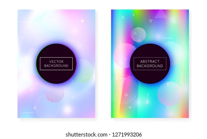 Memphis gradient set with liquid shapes. Dynamic holographic fluid with bauhaus background. Graphic template for flyer, ui, magazine, poster, banner and app. Multicolor memphis gradient set.