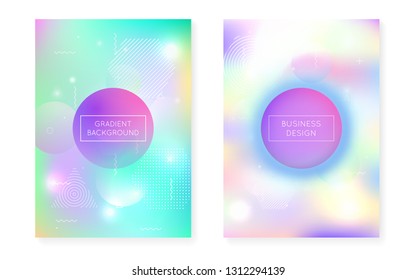 Memphis gradient set with liquid shapes. Dynamic holographic fluid with bauhaus background. Graphic template for placard, presentation, banner, brochure. Rainbow memphis gradient set.