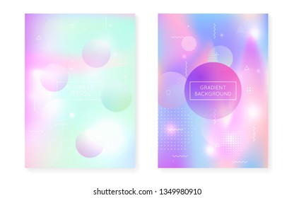 Memphis gradient set with liquid shapes. Dynamic holographic fluid with bauhaus background. Graphic template for placard, presentation, banner, brochure. Rainbow memphis gradient set.