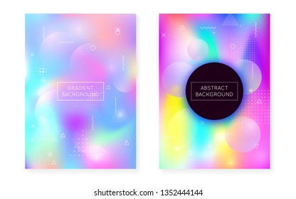 Memphis gradient set with liquid shapes. Dynamic holographic fluid with bauhaus background. Graphic template for placard, presentation, banner, brochure. Hipster memphis gradient set.