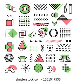 Memphis graphic. 90s fashion geometrical lines dots modern shapes triangles vector funkie memphis forms