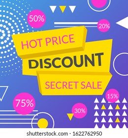 Memphis graphic retro funky graphic poster. Secret sale vintage trendy geometric shapes vector illustration abstract figure in pointillism memphis template for poster banner sale cover design