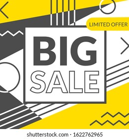 Memphis graphic retro funky graphic poster. Big sale vintage trendy geometric shapes vector illustration abstract figure in pointillism memphis template for poster banner sale cover design