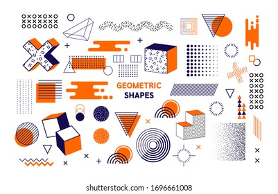 Memphis graphic retro graphic, minimal graphic geometric elements lines. Vintage geometric shapes abstract figure in pointillism, memphis, template for poster banner. Abstract vector line designs.