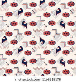 Memphis halloween with pumpkins and witch hat seamless pattern. Background abstract ghost theme for children and baby fashion print.