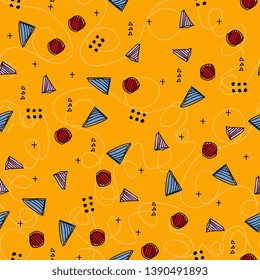 Memphis hand drawn seamless pattern on yellow background