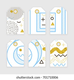 Memphis label design, abstract clothes tags set with golden glitter