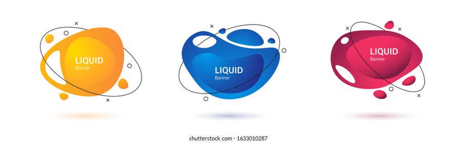 Memphis liquid shapes. Abstract gradient elements, banners. Liquid templates for banners, sale, retail posters. Fluid amoeba badges. Amoeba shapes set. Yellow, blue, red color. Vector illustration