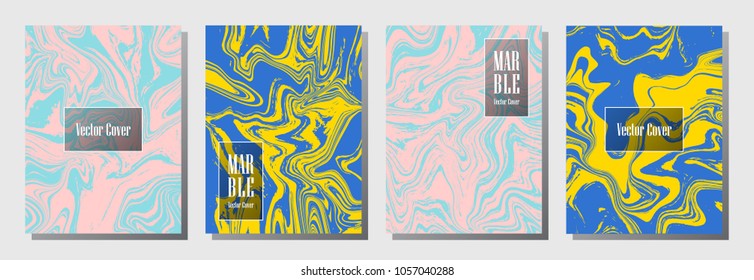 Memphis marble pattern binder cover layout, journal design template vector set. Marble backdrop for binder design, journal layout template, brochure cover. Wavy vector graphic.