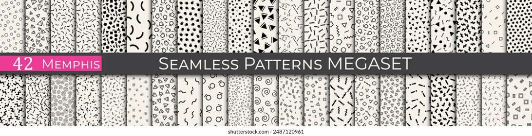Memphis mega pattern set. Vintage 80s decoration pattern. Subtle memphis style hipster art.