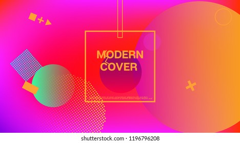 Memphis Minimal Cover Horizontal Vector Template. Bright Gradient Color Overlay, Space Modern Background. Geometric Memphis Design Elements, Minimal Flyer. Abstract Shapes Minimalist Corporate Design