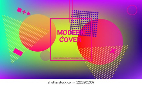 Memphis Minimal Cover Horizontal Vector Template. Vivid Color Overlay, Space Cosmic Gradient Background. Geometric Memphis Design Elements, Music Poster. Vintage Elemets Business Design