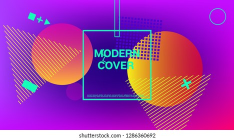 Memphis Minimal Cover Horizontal Vector Template. Neon Color Overlay, Gradient Space Hipster Background. Geometric Memphis Design Elements, Minimal Flyer. Abstract Shapes Minimalist Corporate Design
