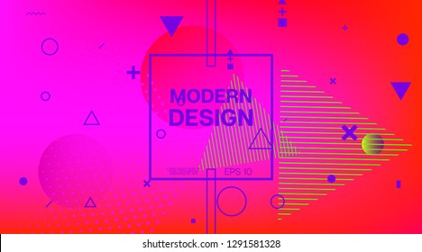 Memphis Minimal Cover Horizontal Vector Template. Neon Gradient Overlay, Small Space Particles Background. Geometric Memphis Design Elements, Music Poster. Abstract Retro Minimalist Corporate Design