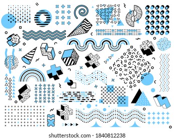 Memphis minimal geometric shapes. Halftone grid elements, pop art design triangle graphics texture. Abstract fashion funky style vector set