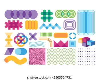 Memphis modern retro brutalist art style shapes icons elements collection colorful abstract design