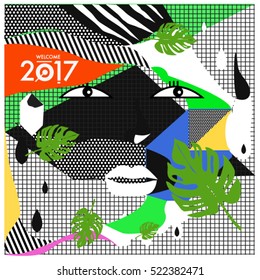 Memphis New year 2017 cards with women face and floral retro illustration style. Vector template for poster and cover publication. Fabric pattern for print materials and wallpaper background.